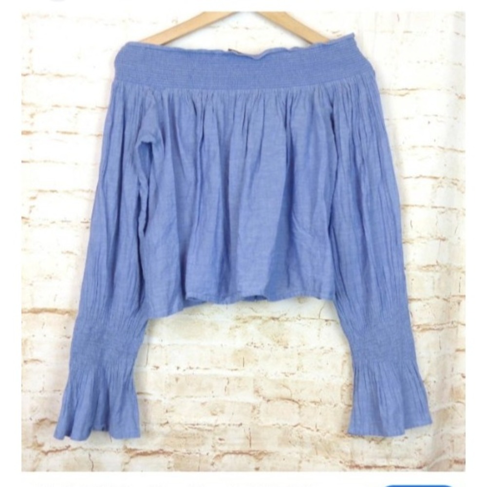 Maje Blue Off The Shoulder Top Blouse Ruffle Long Sleeve Minimalist Preppy Sz 2